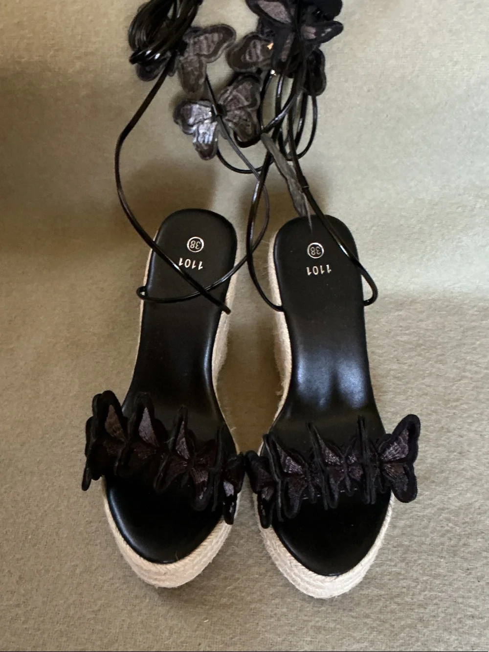 Black Butterfly Lace-Up Platform Espadrille Wedges